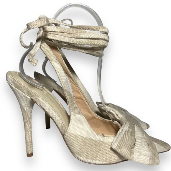 ASOS Women Linen Lace Up High Heels Shoes Size US 6 UK 4 Grayish Beige Bow Front - Picture 4 of 11